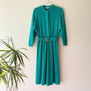 St. John Marie Gray Vintage Knit Belted Dress Santana Wool Blend Midcentury